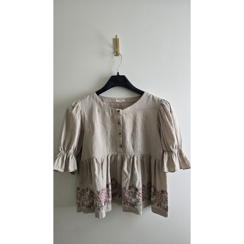 Cross stitch Beige Peplum Blouse with Button Front